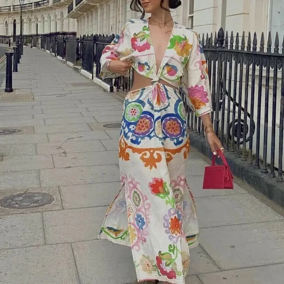 07 Boho Floral Tropical Print Cut out Short Sleeve Dress - Picture 2 of 7